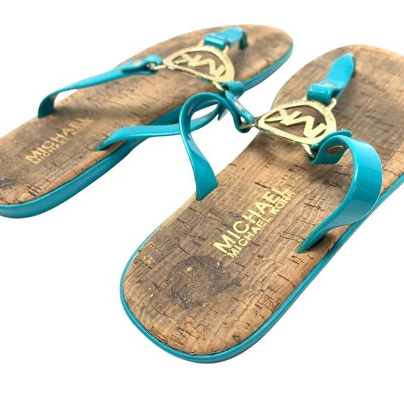 Michael Kors Teal Blue Gold Logo Thongs Sandals Flip Flops Shoes Flats sz 6 - Picture 3 of 16